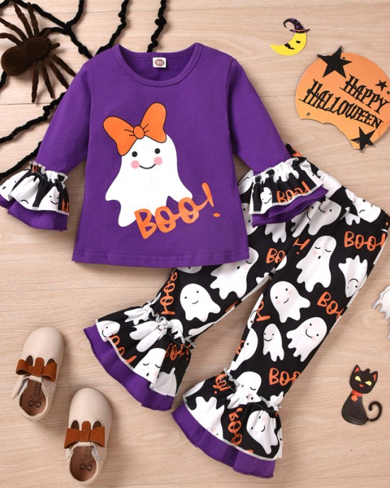 【18M-6Y】2-piece Girls Halloween Printed T-shirt And Pants Set - 34214