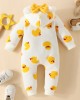 【0M-18M】Baby Girl Cute Duck And Heart Shape Print And Bow Hooded Romper