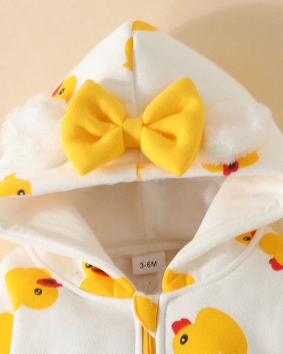 【0M-18M】Baby Girl Cute Duck And Heart Shape Print And Bow Hooded Romper