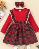 【3M-7Y】2-piece Girls Sweet Plaid Long Sleeve Dress With Hairband - 33255