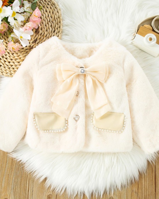 【12M-4Y】Girls Sweet Bow And Pearl Faux Fur Coat