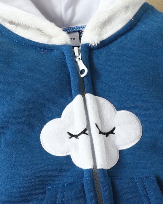 【0M-18M】Baby Adorable Moon And Cloud Embroidered Blue Hooded Romper - 8012