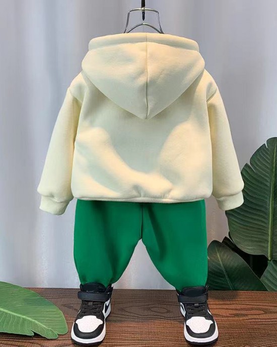 【12M-8Y】2-piece Boys Casual Scarf Bear Embroidered Hooded Sweatshirt And Pants Set