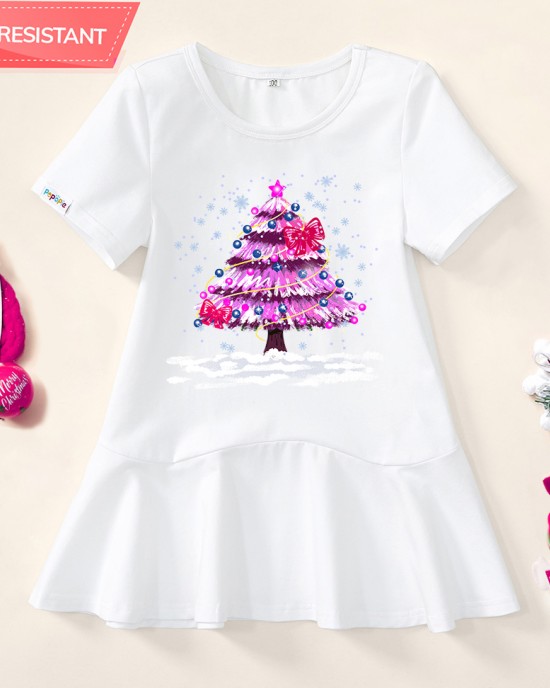 【18M-9Y】Girl Pink Christmas Tree And Bow Print Stain Resistant Cotton Short Sleeve Dress