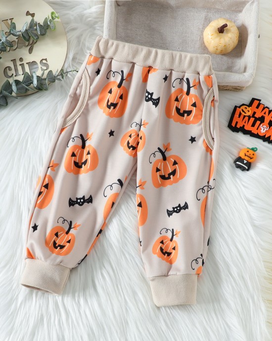 【6M-5Y】2-piece Kids Halloween Print Long Sleeve Sweatshirt And Pants Set