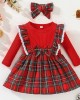 【3M-7Y】2-piece Girls Sweet Plaid Long Sleeve Dress With Hairband - 33255