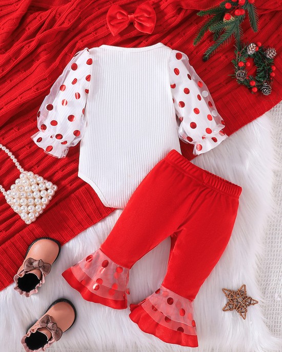 【3M-24M】3-piece Baby Girl Cute Christmas Letter And Polka Dot Print White Romper And Red Pants Set With Bow Hairband