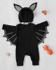 【6M-3Y】2-piece Baby Halloween Print Black Bat Romper With Hat