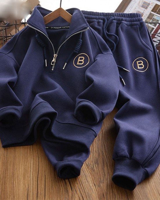 【4Y-12Y】2-piece Boys Casual Letter Embroidered Sweatshirt And Pants Set