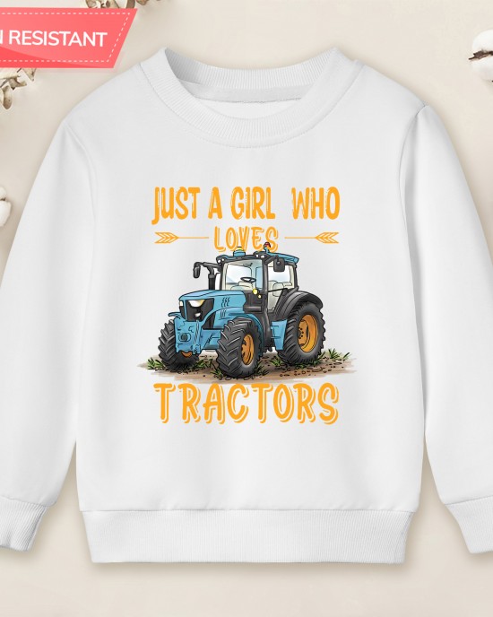 【12M-9Y】Girl Casual Letters And Tractor Print Cotton Stain Resistant Long Sleeve Sweatshirt