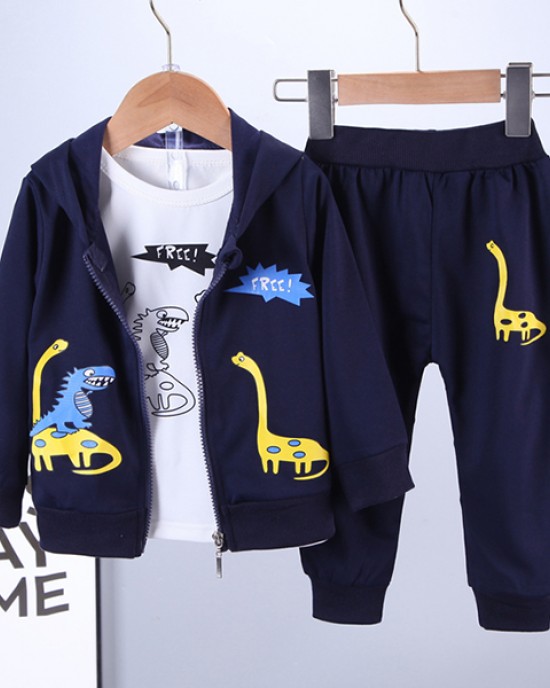 【12M-4Y】Boys Dinosaur Print Long-sleeved Hooded Jacket, Long-sleeved T-shirt And Pants Three-piece Suit