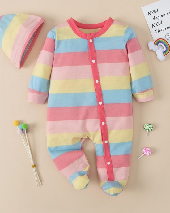 【0M-18M】Baby 2-piece Long Sleeve Rainbow Romper With Hat