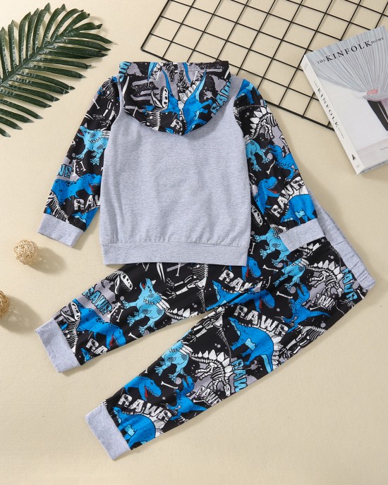 【12M-5Y】Boys Dinosaur Print Long Sleeve Hooded Sweatshirt Pants Two-Piece Set