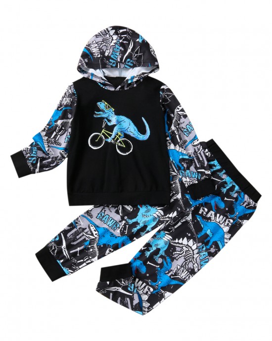 【12M-5Y】Boys Dinosaur Print Long Sleeve Hooded Sweatshirt Pants Two-Piece Set