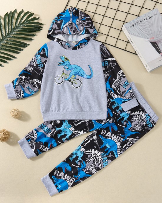 【12M-5Y】Boys Dinosaur Print Long Sleeve Hooded Sweatshirt Pants Two-Piece Set