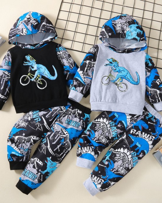 【12M-5Y】Boys Dinosaur Print Long Sleeve Hooded Sweatshirt Pants Two-Piece Set