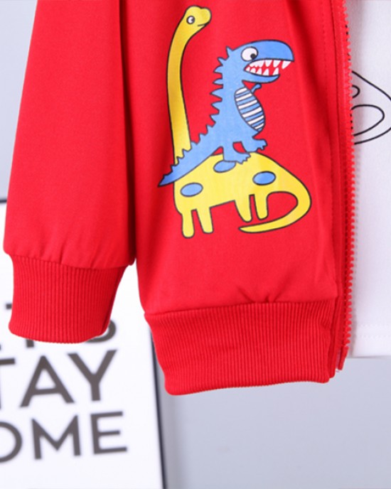 【12M-4Y】Boys Dinosaur Print Long-sleeved Hooded Jacket, Long-sleeved T-shirt And Pants Three-piece Suit