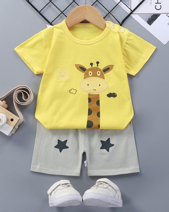 【12M-7Y】Boys Cartoon Print Short Sleeve Two-piece Suit