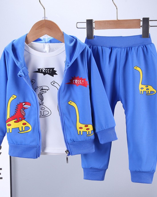 【12M-4Y】Boys Dinosaur Print Long-sleeved Hooded Jacket, Long-sleeved T-shirt And Pants Three-piece Suit