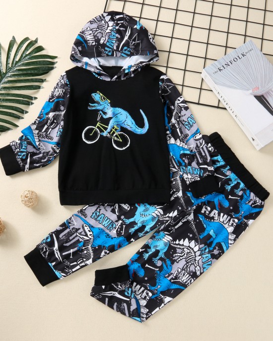 【12M-5Y】Boys Dinosaur Print Long Sleeve Hooded Sweatshirt Pants Two-Piece Set