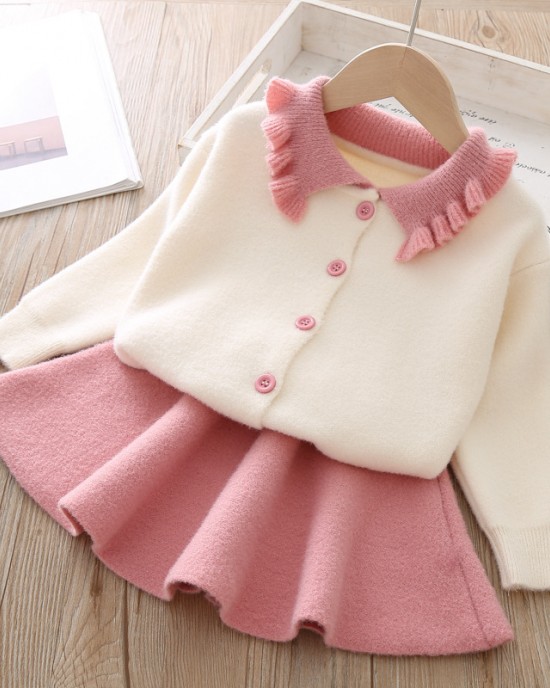 【12M-5Y】Girls Lapel Long Sleeve Cardigan Short Skirt Suit - 34114