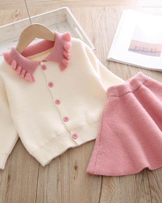 【12M-5Y】Girls Lapel Long Sleeve Cardigan Short Skirt Suit - 34114