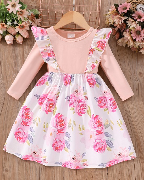 【2Y-7Y】Girl Sweet Floral Print Ruffled Long Sleeve Dress