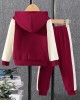 【18M-8Y】2-piece Unisex Letter Embroidered Colorblock Hooded Sports Coat And Pants Set - 34442