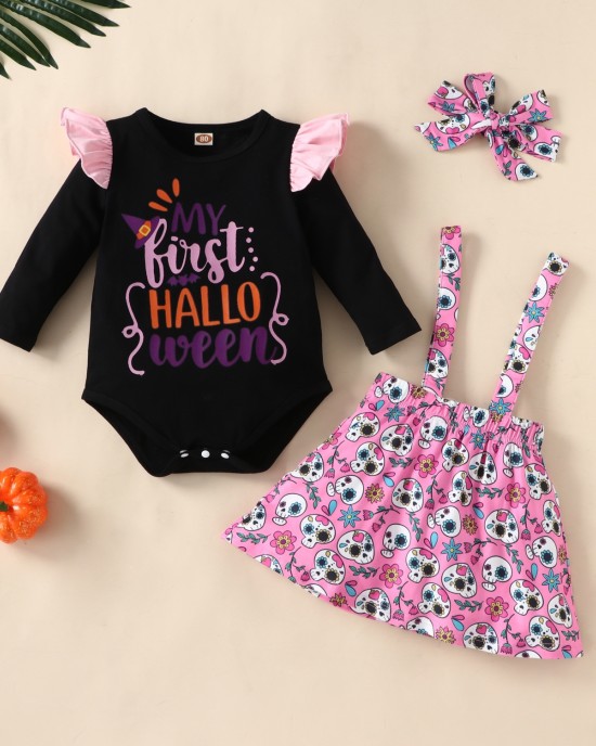 【6M-3Y】3-piece Baby Girl Halloween Print Romper And Suspender Skirt Set