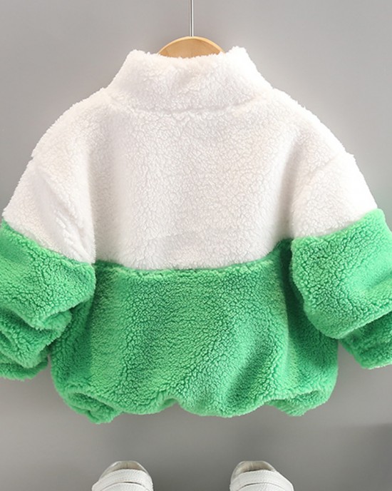 【12M-4Y】Boy Casual Lamb Fleece Keep Warm Letter Embroidery Colorblock High Neck Coat