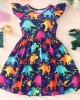 【18M-8Y】Girl Summer Cute Royal Blue Colorful Dinosaur Ruffle Dress