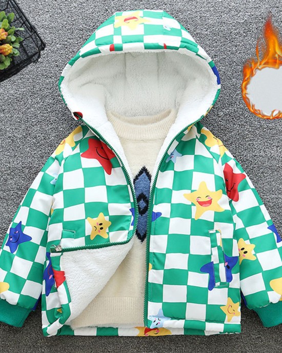 【18M-8Y】Boy Casual Velvet Keep Warm Plaid Star Print Colorblock Hooded Jacket