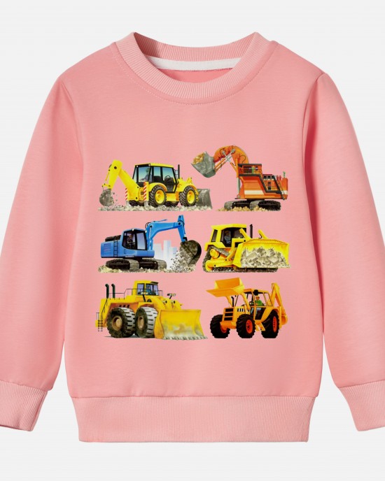 【12M-9Y】Boy Cotton Stain Resistant Excavator Bulldozers Print Long Sleeve Sweatshirt