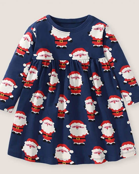 【18M-7Y】Girl Cute Christmas Santa Claus Print Long Sleeve Dress