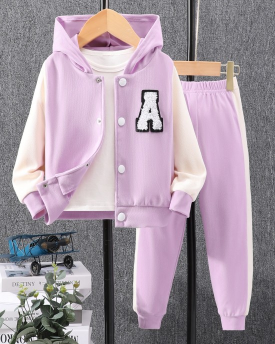 【18M-8Y】2-piece Unisex Letter Embroidered Colorblock Hooded Sports Coat And Pants Set - 34442