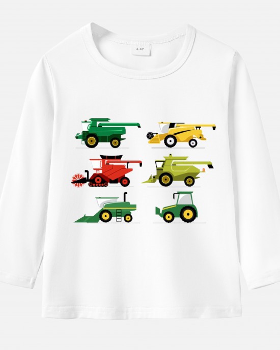 【12M-9Y】Boy Agricultural Harvester Combine Print Cotton Stain Resistant Long Sleeve T-shirt