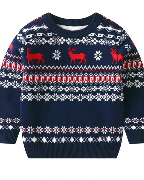 【2Y-8Y】Unisex Christmas Keep Warm Elk Snowflake Jacquard Colorblock Round Neck Sweater