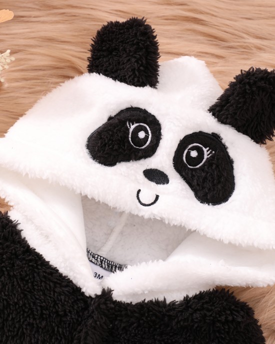 【0M-18M】Unisex Baby Cute Velvet Keep Warm Panda Colorblock Hooded Jumpsuit