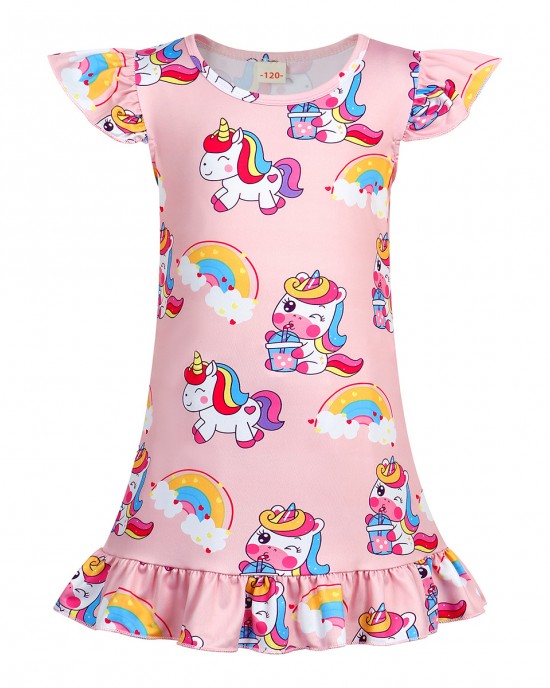 【3Y-10Y】Girls Cute Rainbow Unicorn Dinosaur Cartoon Print Ruffle Sleeveless Dress