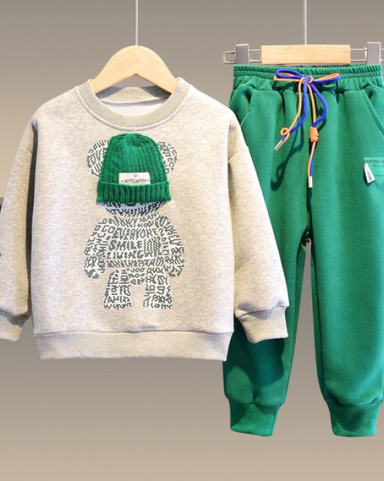 【18M-13Y】Unisex Casual Cartoon Bear Print Sweatshirt And Pants Set - 9204