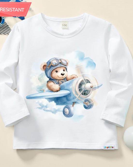 【12M-9Y】Boy Pilot Print Cotton Stain Resistant Long Sleeve T-shirt