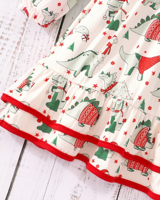 【2Y-7Y】Girl Christmas Cartoon Dinosaur Print Ruffle Long Sleeve Dress