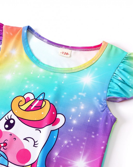 【3Y-10Y】Girls Cute Rainbow Unicorn Dinosaur Cartoon Print Ruffle Sleeveless Dress