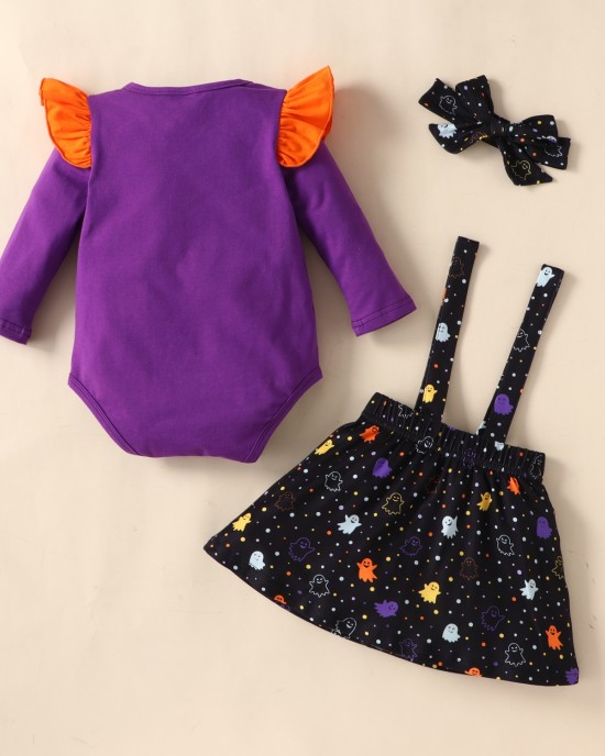 【6M-3Y】3-piece Baby Girl Halloween Print Romper And Suspender Skirt Set