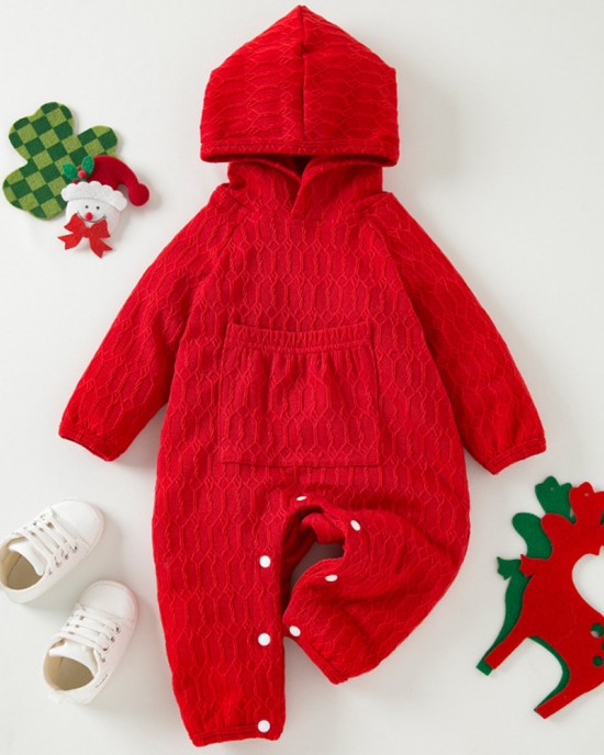 【3M-24M】Unisex Baby Cute Christmas Red Jacquard Small Pocket Hooded Jumpsuit