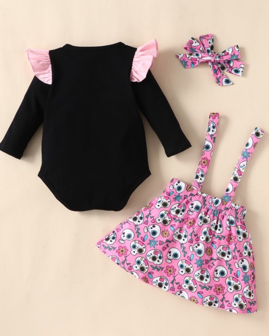 【6M-3Y】3-piece Baby Girl Halloween Print Romper And Suspender Skirt Set