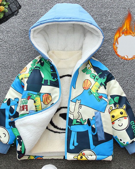 【18M-8Y】Boy Casual Velvet Keep Warm Cartoon Giraffe Dinosaur Print Colorblock Hooded Jacket