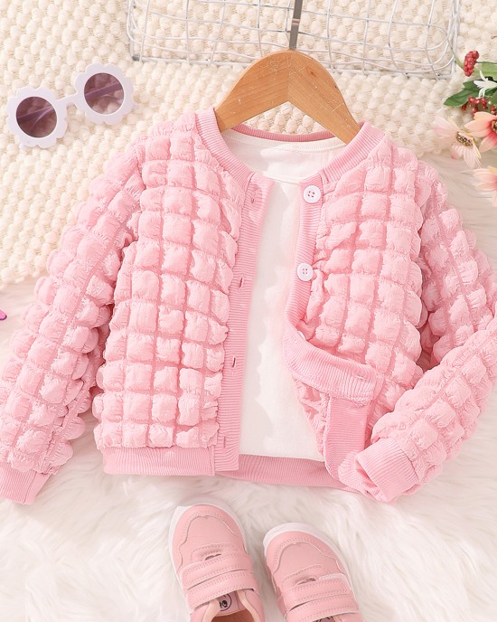 【2Y-7Y】Girl Sweet Solid Color Bubble Plaid Long Sleeve Coat