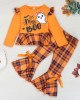 【12M-5Y】Girls Cute Halloween Print Long Sleeve T-shirt And Plaid Flare Pants Set - 34261