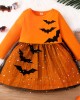 【18M-7Y】Girl Cute Halloween Print Tulle Splicing Long Sleeve Dress - 33223